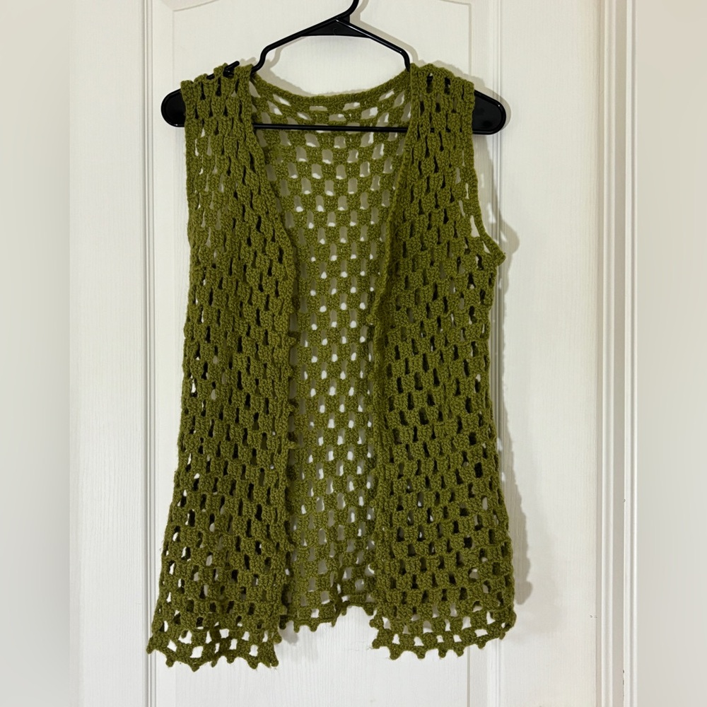 Handmade Crochet Open Knit Boho Vest Olive Green Festival Layering Top